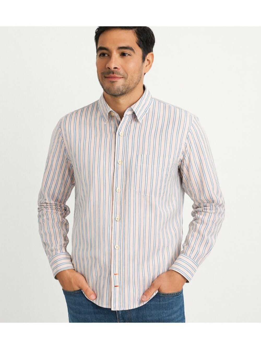 7 For All Mankind Men’s M Button Down Shirt Pink Blue Stripe Long Sleeve Cotton